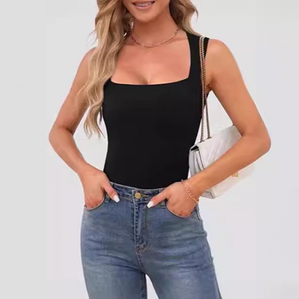 Tank Top Ribbed - 女性用パンティー、サマーベスト、スクエアネック、幅広ショルダーストラップ、ノースリーブタンクトップ、無地、スリムリブキャミソール、ストリートウェア