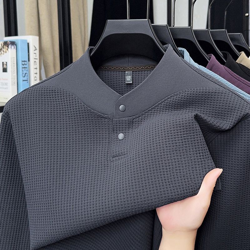 Base Layer Top - メンズ秋冬ワッフルニット長袖Tシャツ、ルーズクルーネックプルオーバー、カジュアルベースレイヤー、無地、中年男性向け