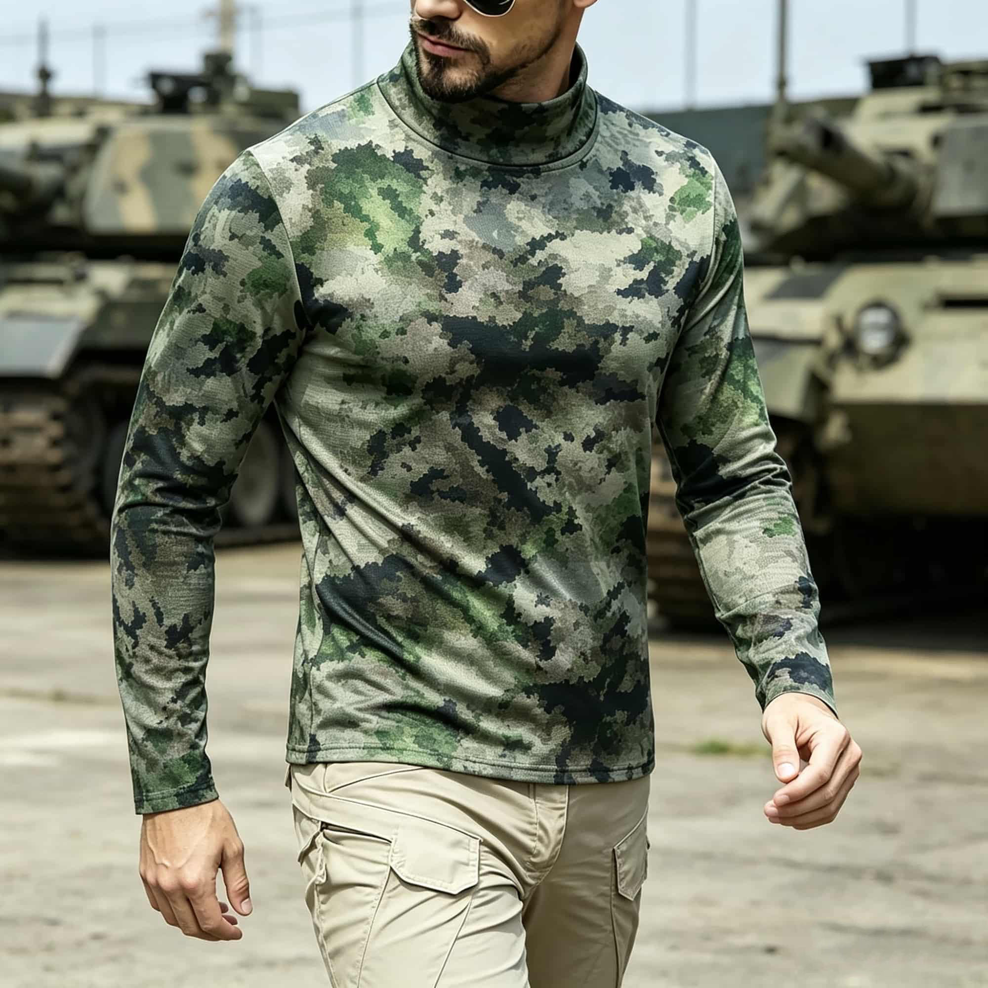 Base Layer Top - メンズタクティカル迷彩柄モックネック長袖シャツ、ソフトストレッチアウトドアハイキングトレーニングベースレイヤーTシャツ