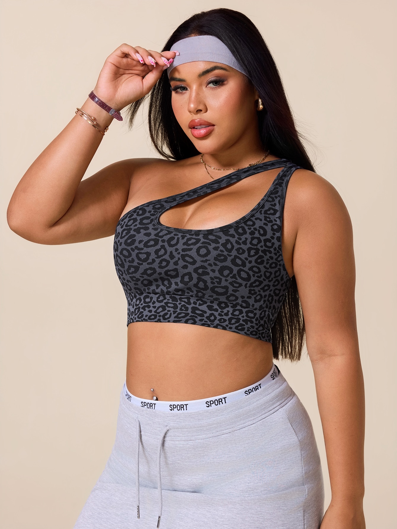 女性用プラスサイズ非対称スポーツブラ レオパード柄カットアウ - Tank Top Ribbed のレビューと価格