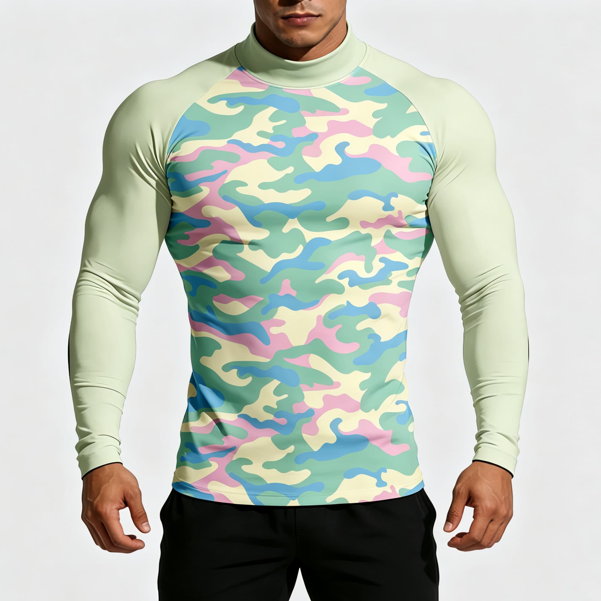 メンズ パステル迷彩柄 モックネック 長袖Tシャツ、ストレッ - Base Layer Top のレビューと価格