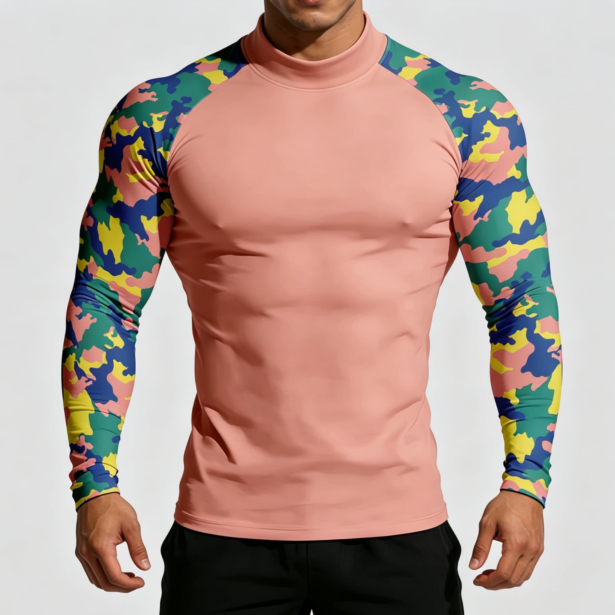 メンズ パステル迷彩柄 モックネック 長袖Tシャツ、ストレッ - Base Layer Top のレビューと価格